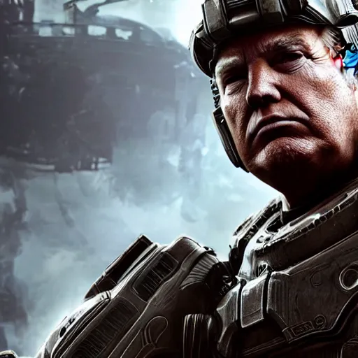 Image similar to Donald Trump as Masterchief in gears of war, splash art, movie still, detailed face, photorealistic facial features, cinematic lighting, dramatic, octane render, long lens, shallow depth of field, bokeh, anamorphic lens flare, 8k, hyper detailed, 35mm film grain