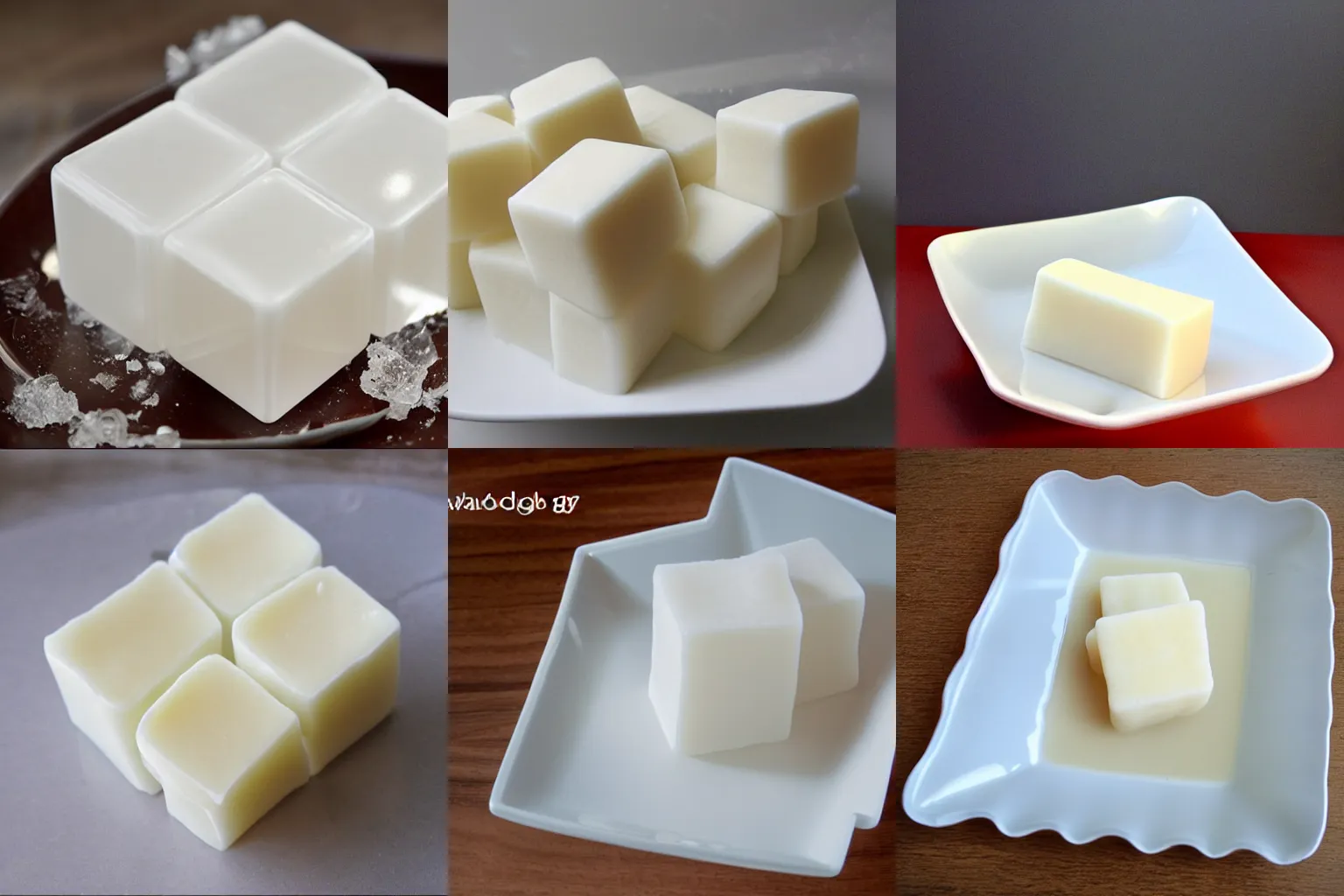 Prompt: delicious translucent white cube made of starch and water served with hardtack, food blog photo