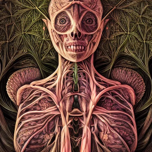 Image similar to a beautiful detailed photo of a two sides rotten woman corpse morphing into fractal plants and fractal flowers and mushrooms, muscles, veins, anatomical, intricate, ornate, volumetric light, beautiful lit, romero ressendi