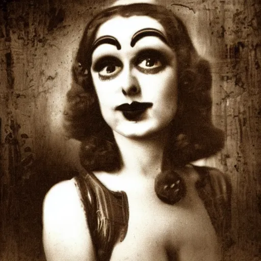 Image similar to 1930s photograph of freak show, sepia, grainy photo