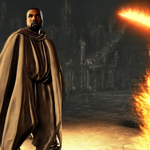 Image similar to kanye yeezus as a boss in dark souls, dark cinematic, volumetric, realistic, 3 d render, cinematic lighting, ray tracing, unreal engine 5, unreal engine render, octane render, hyper realistic, photo, 8 k