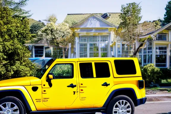 Prompt: a full shot of mark zuckerberg laying on the front of a yellow jeep in someone's driveway