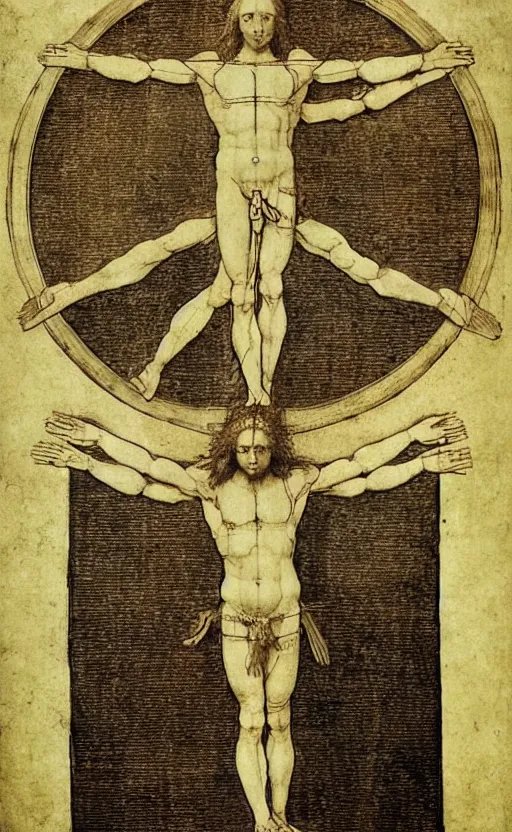 Image similar to Leonardo da Vinci\'s Vitruvian Man crucified on a cross