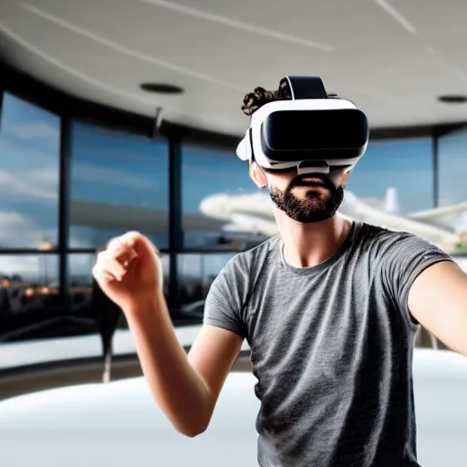 Prompt: a guy dancing in VR in an airport tower