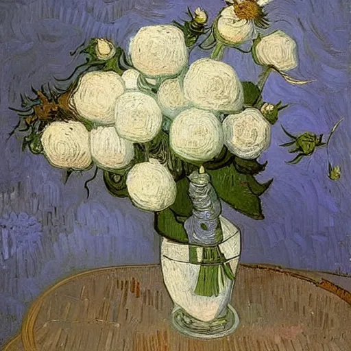 Image similar to atmospheric beautiful bouquet of white delicate pionoid rose in the sunny room of his beloved wife, wrote van gogh