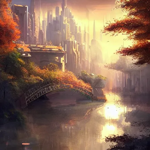 Image similar to Beautiful happy picturesque charming sci-fi city in harmony with nature. Beautiful light. Nice colour scheme, soft warm colour. Beautiful detailed artistic digital painting by Vincent. (2022)