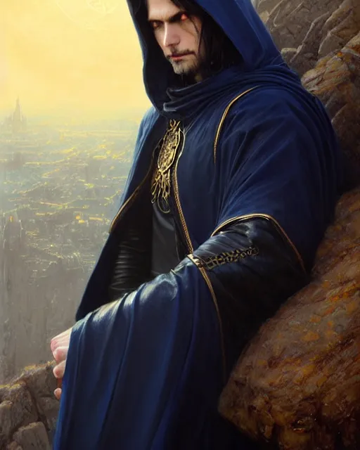 Prompt: handsome mage meditating holding tellurion, long black hair blue eyes wearing leather mantle gothic navy cloak with gold details, cliffside town, fantasy character portrait, hyperrealism, concept art, intricate details, highly detailed by greg rutkowski, ilya kuvshinov, gaston bussiere, craig mullins, simon bisley