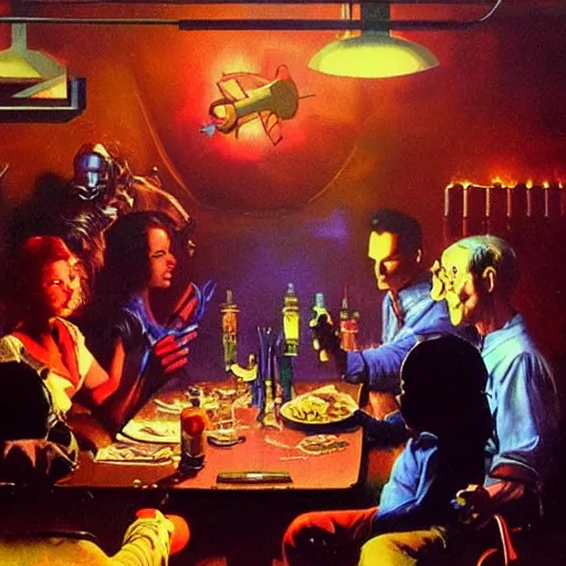 Prompt: a dark and colorful close - up of a sci - fi family dinner with led lights glowing fog in the background. highly detailed science fiction painting by norman rockwell, frank frazetta, and syd mead. rich colors, high contrast, gloomy atmosphere, dark background. trending on artstation