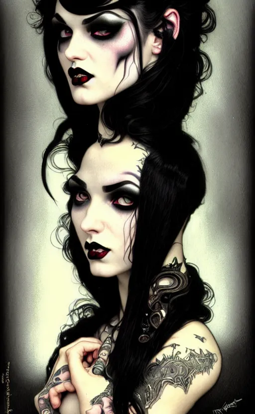 Image similar to with goth girl lips, eyes, jaw and long, thick shining black hair, thick eyebrows and long eyelashes, wearing in black clothes, beautiful eyes, burlesque psychobilly, rockabilly, punk, white background, drawing, illustration by fantasy art, in the style of greg rutkowski, intricate, alphonse mucha, hyper detailed, smooth