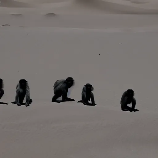 Image similar to Contamporary art photography of group of monkey's that wears suits standing around Obsidian monolith in the desert