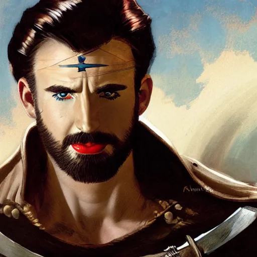 Image similar to half length portrait of chris evans as a swashbuckler, d & d, medieval, fantasy, greg rutkowski, frank frazetta, alexandre chaudret, boris vallejo, michael whelan, miro petrov, hr giger