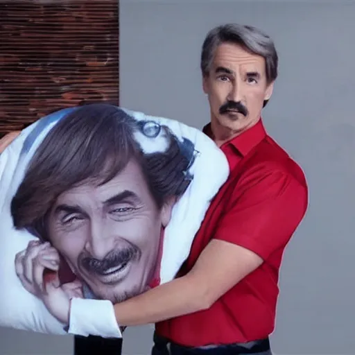 Image similar to mike lindell holding an anime body pillow. still from tv commercial white background