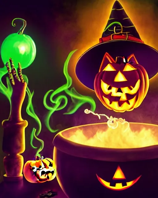 Image similar to close up portrait, serious teen witch mixing a spell in a cauldron, a cat is on the table, jack o lantern, wispy smoke fills the air, a witch hat, cinematic, green glowing smoke is coming out of the cauldron, strange ingredients on the table, strange apothecary shelves in the background, goosebumps movie