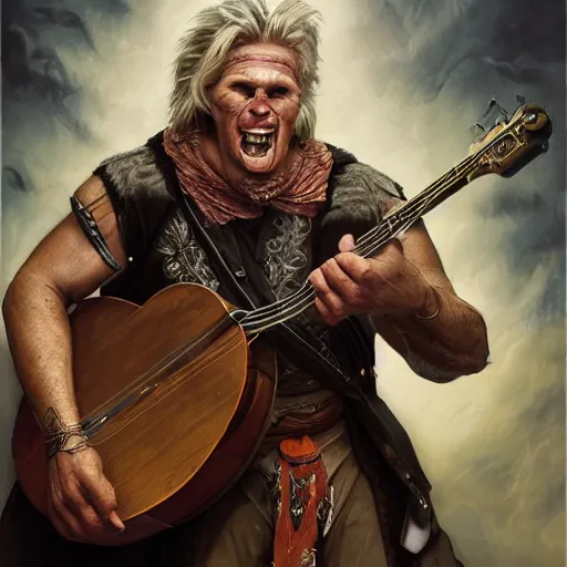 Prompt: detailed photo of a Half-orc bard portrayed by Gary Busey playing a lute, 8k,by Tristan Eaton, Stanley Artgermm, Tom Bagshaw, Greg Rutkowski, Carne Griffiths, trending on DeviantArt, face enhance, hyper detailed ,full of color, dramatic lightning, epic stance