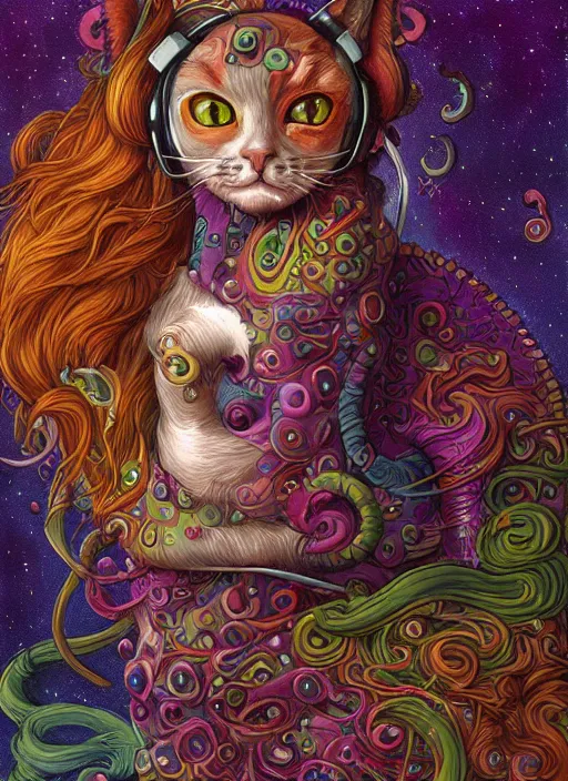 Prompt: cat seahorse fursona wearing headphones, autistic bisexual graphic designer, long haired attractive androgynous humanoid, coherent detailed character design, weirdcore voidpunk digital art by delphin enjolras, wlop, louis wain, furaffinity, cgsociety, trending on deviantart