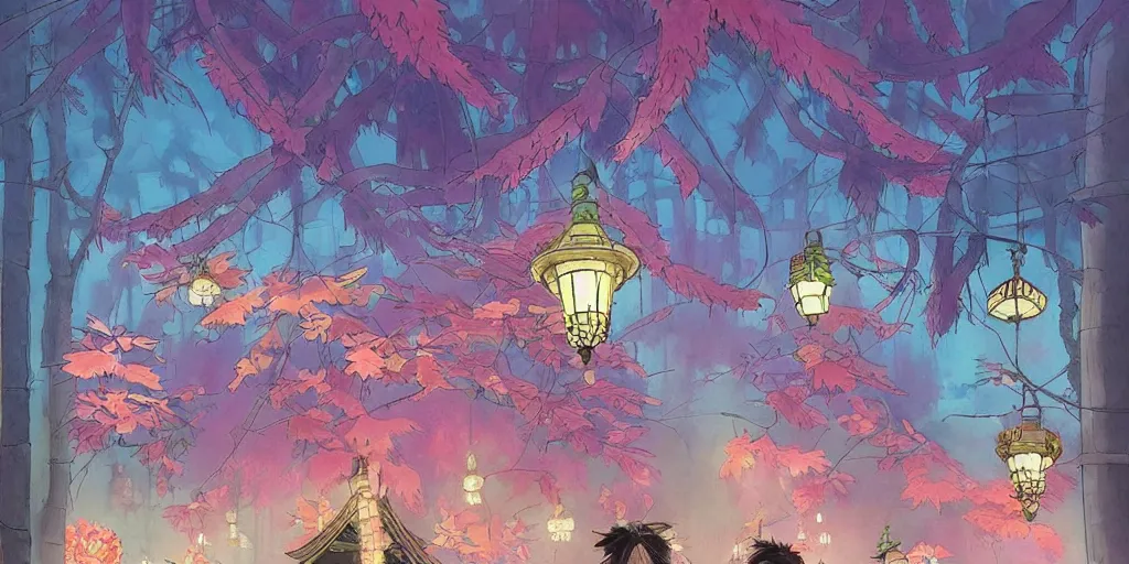 Prompt: bathhouse and nature, japanese, lanterns. watercolor art, expansive cinematic view, volumetric shading, intricate and detailed, highly saturated colors. breath of the wild style, by hayao miyazaki ghibli!!!. pastel!! pink!! accents. trending on artstation. award winning