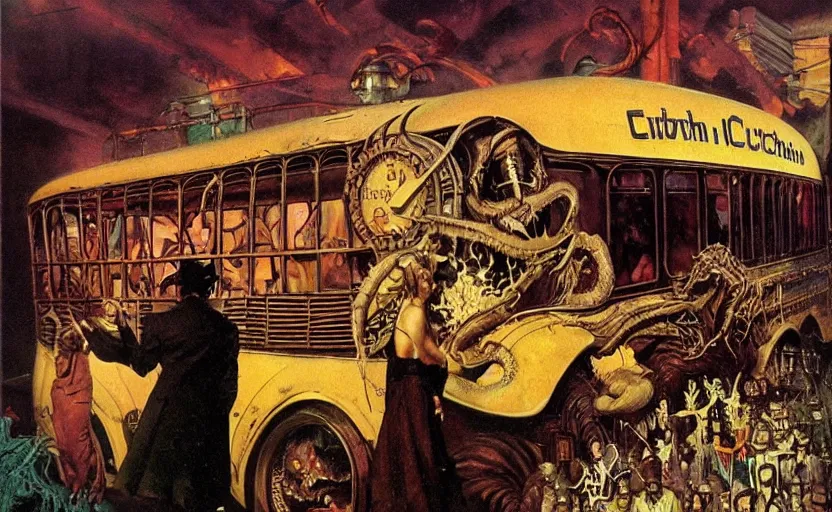 Image similar to cthulhu devouring a steampunk school bus. highly detailed science fiction painting by norman rockwell, frank frazetta, and syd mead. rich colors, high contrast, gloomy atmosphere, dark background. trending on artstation