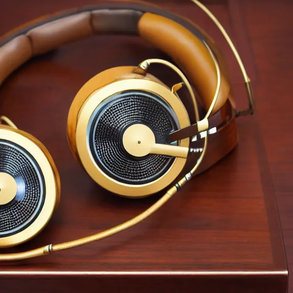 Image similar to masterpiece photo of beautiful crafted retro bismuth headphones in a silk padded leather case, gold metal, bismuth cups, leather padding, displayed on mahogany desk, modernist headphones, wood headphones beautiful well designed, hyperrealistic, audiophile, intricate hyper detail, extreme high quality, photographic, meze audio, sennheiser, hifiman, artstation