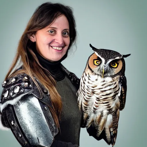 Prompt: photo of a woman with in owl armour