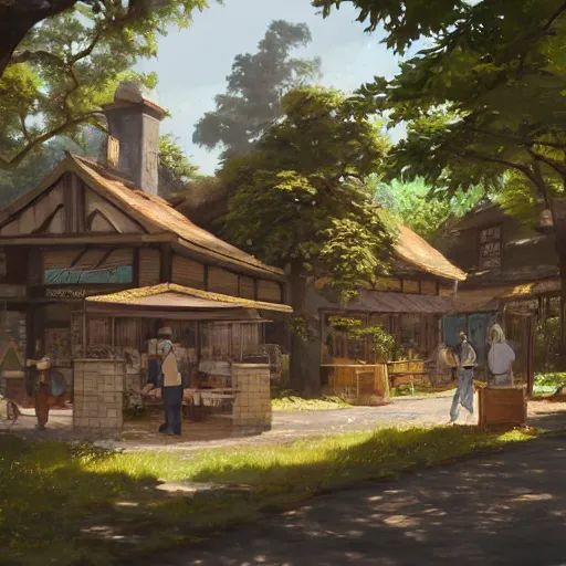 Image similar to concept art painting of a historic bakery with european and japanese architecture, in a woodland village surrounded by trees, realistic, detailed, cel shaded, in the style of makoto shinkai and greg rutkowski and james gurney