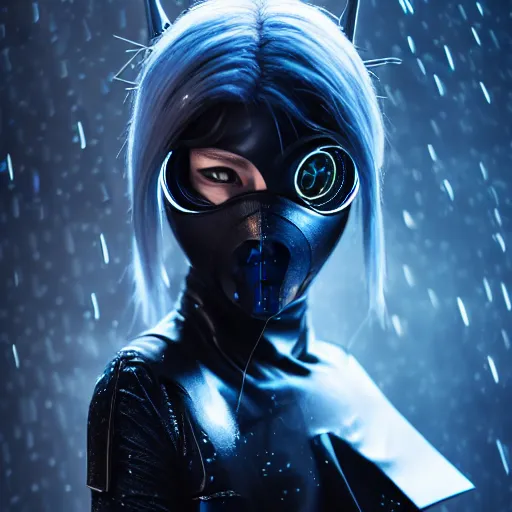 Prompt: An hyperrealistic portrait painting of a female cyberpunk armor ninja, no face mask, blue and ice silver color armor, cyberpunk feel raining at tokyo midnight rooftop, unreal 5, DAZ, 8k, hyperrealistic, octane render, cosplay, RPG portrait, final fantasy artwork concept, dramatic lighting, rim lights, PS5 render quality