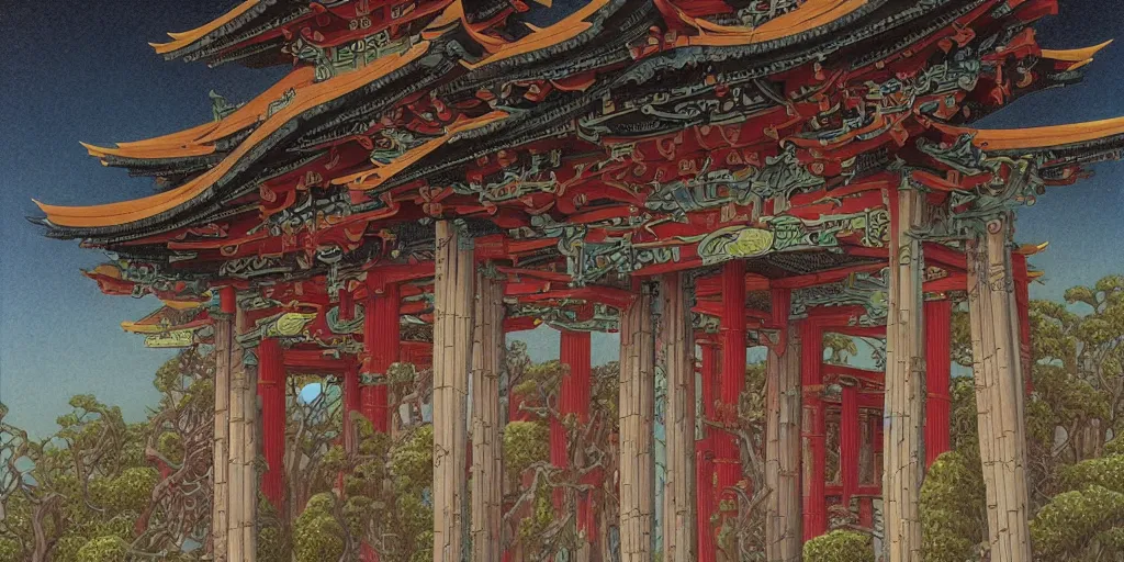 Image similar to the building made by fish bone, by Gerald Brom, Japanese Torii Gate