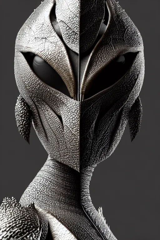 Image similar to monochrome close - up profile face, black background, beautiful young porcelain bio - mechanical vegetal - dragon - cyborg - female, white metallic armour, silver gold details, magnolia leaves and stems, roots, mandelbot fractal, 1 5 0 mm, beautiful natural soft rim light, elegant, hyper real, ultra detailed, octane render, 1 6 k