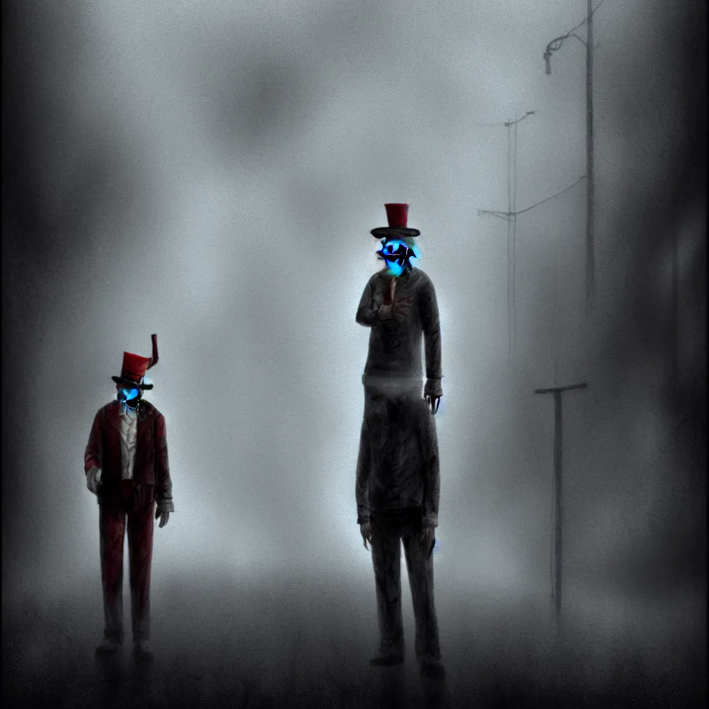 Image similar to A portrait of James Sunderland from Silent Hill 2 dressed as a clown standing in a foggy street, digital art, moody