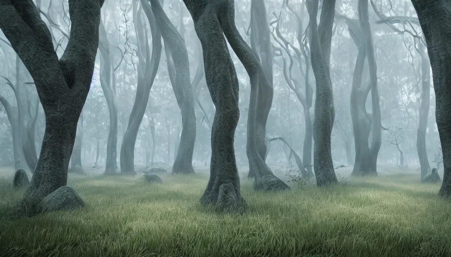 Image similar to Walking trees in a forest, light fog and a swamp, hyperdetailed, artstation, cgsociety, 8k