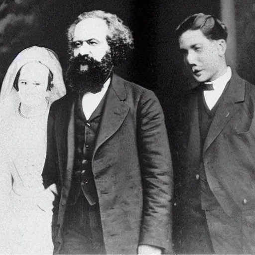 Image similar to Karl Marx and Ayn Rand, wedding photo, 1920, church backround