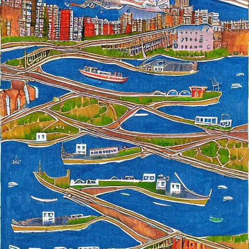 Image similar to city with with streets and aqueducts. various boats. by yeong - hao han