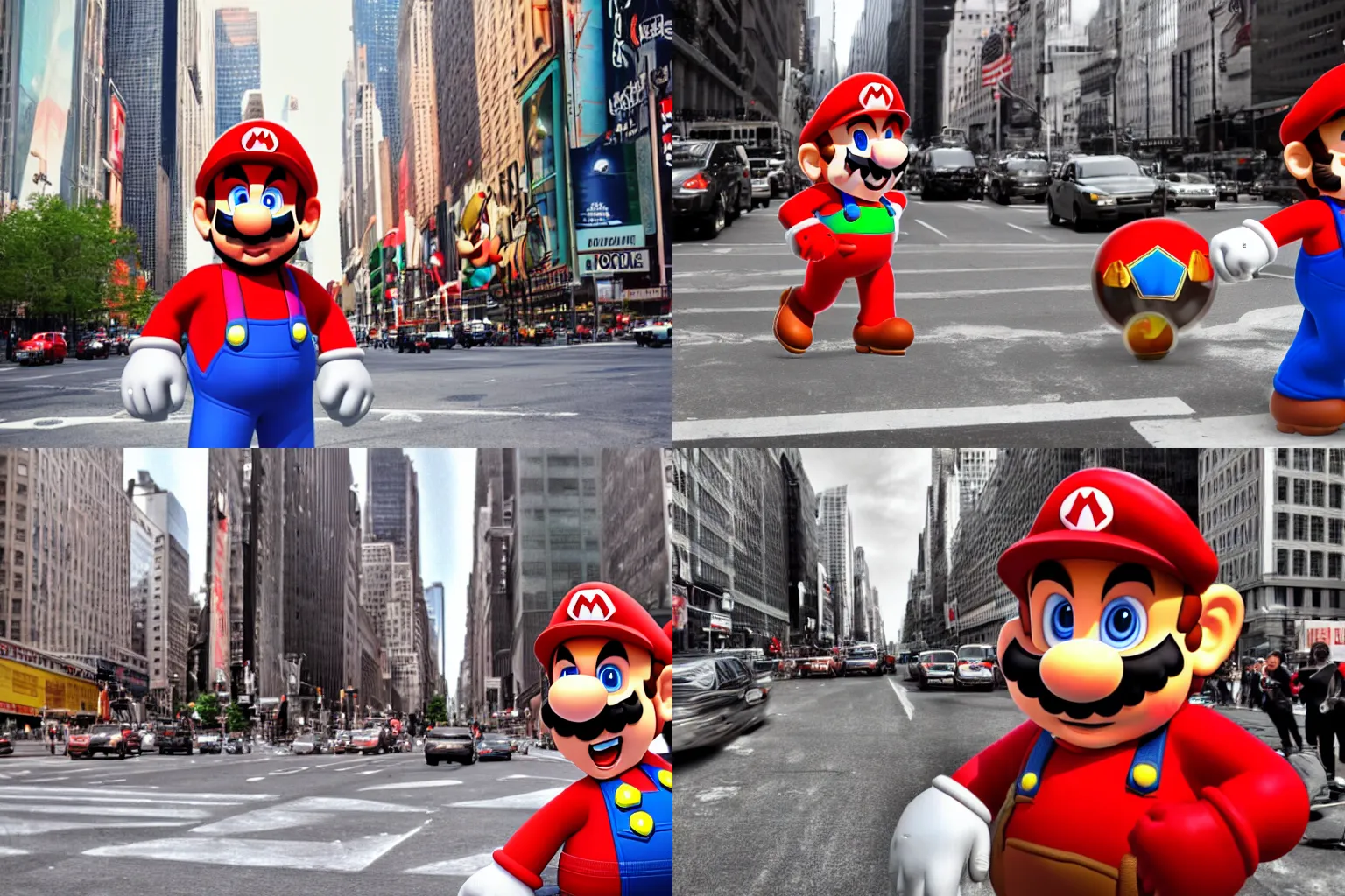 Prompt: Super Mario as a real person roaming the streets of New York, background out of focus, 16mm photo