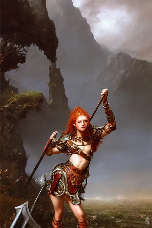 Prompt: beautiful female warrior, half body portrait, ginger hair, ornate armour, hand outstretched and pointing to the distance, realistic oil painting by Thomas Cole and Wayne Barlowe