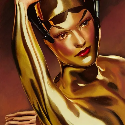 Prompt: closeup painting of uncannily beautiful aristocrat wearing latex and bronze catsuitand face paint inside bronze art deco arcology, science fiction by j. c. leyendecker