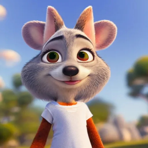 Image similar to 3 d render, portrait, headshot, closeup, anthropomorphic mouse, female, in a maxi white dress, in the style of zootopia, closeup