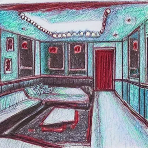 Prompt: “ child ’ s crayon drawing of the overlook hotel interior ”