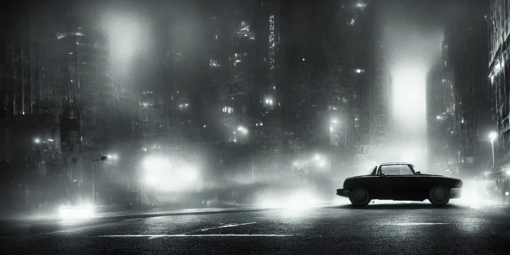 Image similar to a noir film scene, single character, old car, mist, foggy, mysterious, by yoji shinkawa