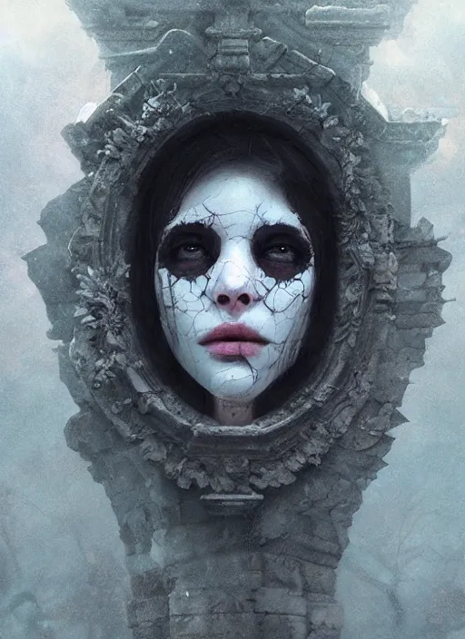Image similar to close up of a veiled half scull mask girl on the ruins temple, smog on the floor, extremely beautiful and aesthetic and attractive detailed face and body, chiaroscuro, dynamic pose, fantasy illustrations, by makoto shinkai and jeremy lipking and ferdinand knab
