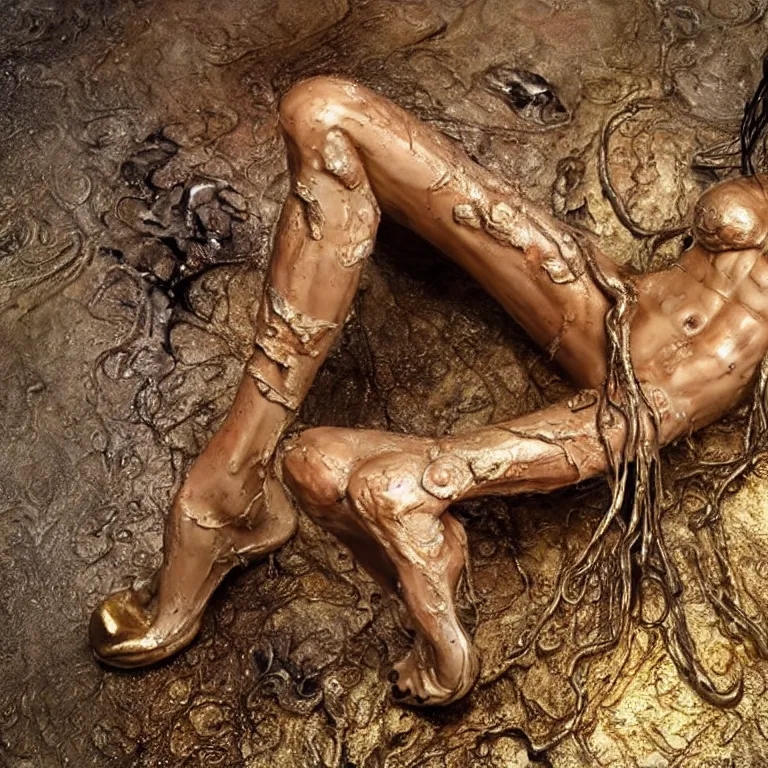 Image similar to photo taken of an epic intricate, ultra detailed, super realistic gritty, wet, lifelike sculpture of a beautiful alien women wearing torn bikini and white shoes created by weta workshop, zoomed in shots, subsurface scattering, photorealistic, sharp focus, white wall coloured workshop, cold colour temperture, f 0. 4, face centred, golden ratio, golden hour