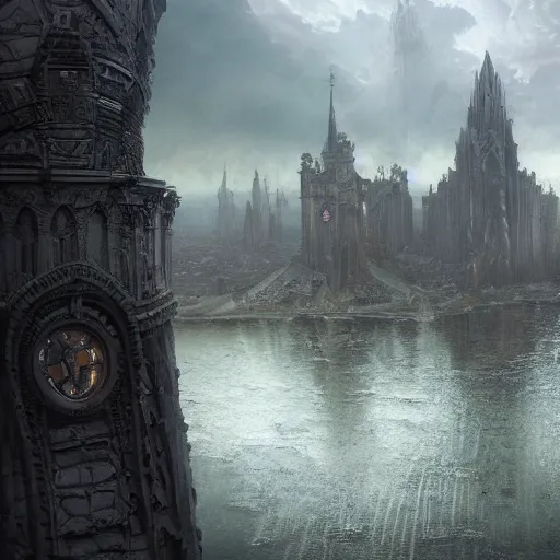 Image similar to an ultra detailed matte painting of the one impossibly tall ominous black spire in the palace district on an island in a river elevated high above the city fortress tower, fantasy capital city, ultrawide lense, aerial photography, volumetric lighting, exquisite detail, octane render, 8 k postprocessing, art by artgerm and greg rutkowski and alphonse mucha