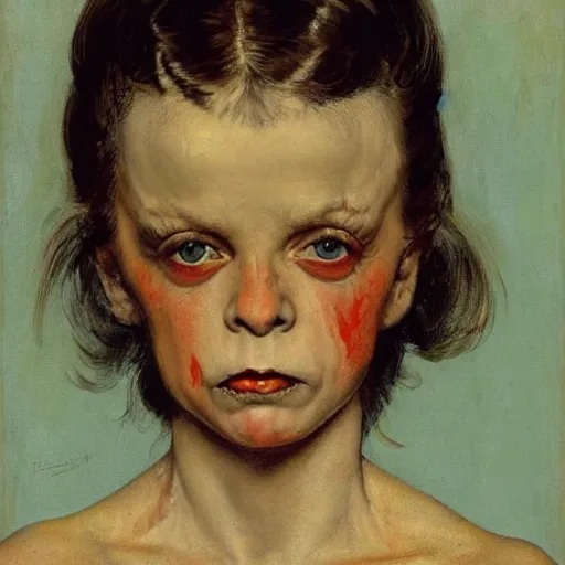 Image similar to Frontal portrait of a demon. Her skin is not quite fleshy, but bony. A painting by Norman Rockwell.