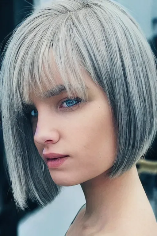 Image similar to “ blond hair woman with grey eyes and bob haircut ”