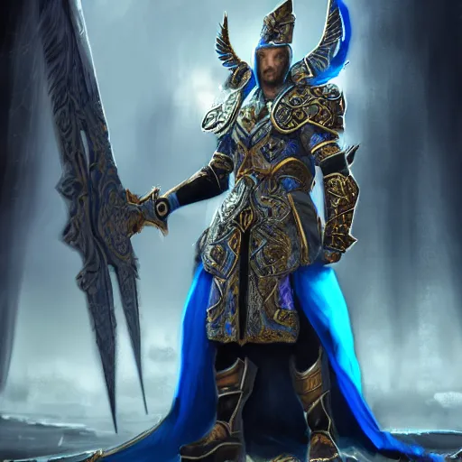 Prompt: concept art, full body portrait of king sorcerers, ornate, blue and silver, armor, robes, hyperrealistic, 4 k, unreal engine, highly detailed, dramatic lighting, beautiful