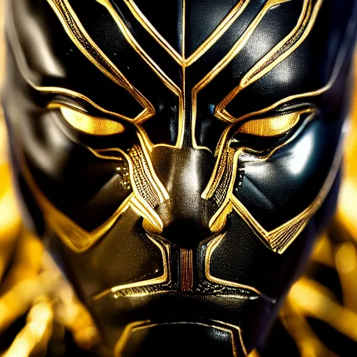 Image similar to a close up photo of a detailed golden statue of Black Panther, 8K,