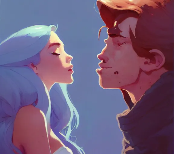 Image similar to portrait of eric kissing ariel by atey ghailan, by greg rutkowski, by greg tocchini, by james gilleard, by joe fenton, by kaethe butcher, dynamic lighting, gradient light blue, brown, blonde cream and white color scheme, grunge aesthetic