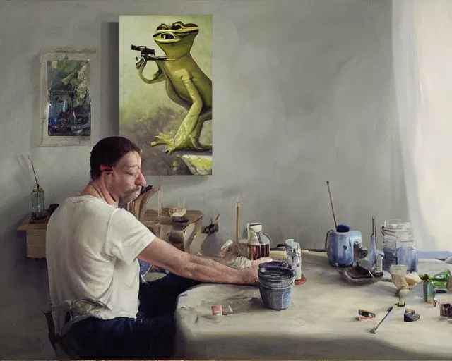 Image similar to an exhausted painter in his studio painting a picture of pepe the frog - key lighting, soft lights, foggy, by steve hanks, by lisa yuskavage, by serov valentin, by tarkovsky, 8 k render, detailed, oil on canvas