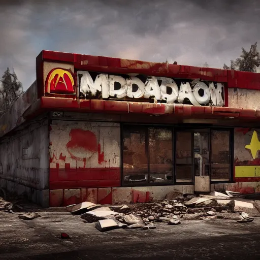 Image similar to post apocalyptic McDonald's, octane render, 4k