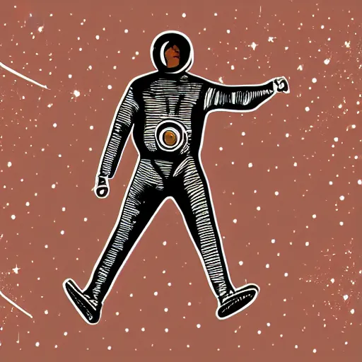 Prompt: man in silver space suit, walking on an industrial catwalk suspended in the darkness of space, surrounded by stars, realistic illustration