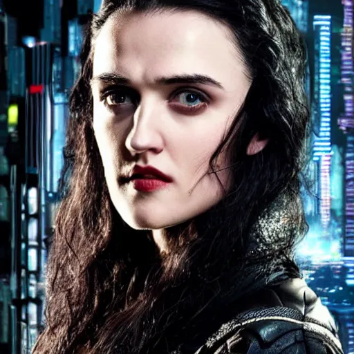 Image similar to Katie McGrath as Cyberpunk Morgana