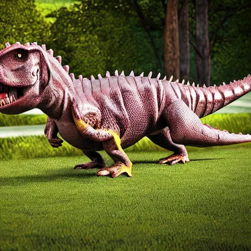 Image similar to a dinosaur walking in the yard, Photoshot, realistic